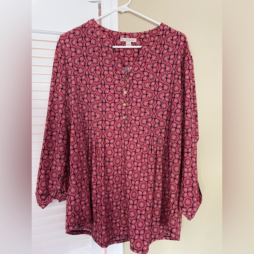 Dress Barn Burgundy Paisley Patterned Blouse with Gold Buttons